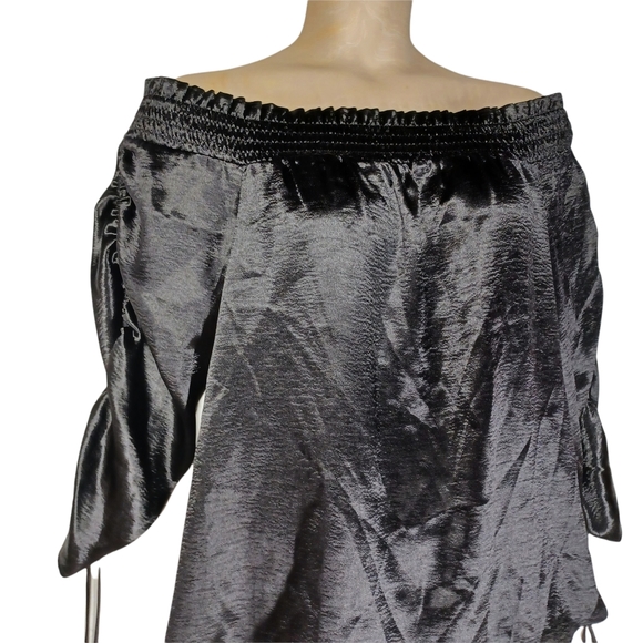 PROJECT RUNWAY Cinch Sleeve Smocked Off The Shoulder Sheen Black Top XL NWT - Picture 1 of 10